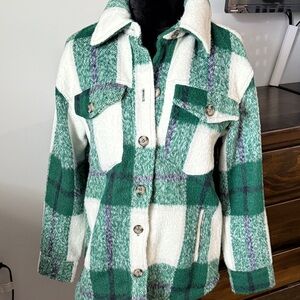 Avec Les Filles Green and White Plaid Utility Jacket